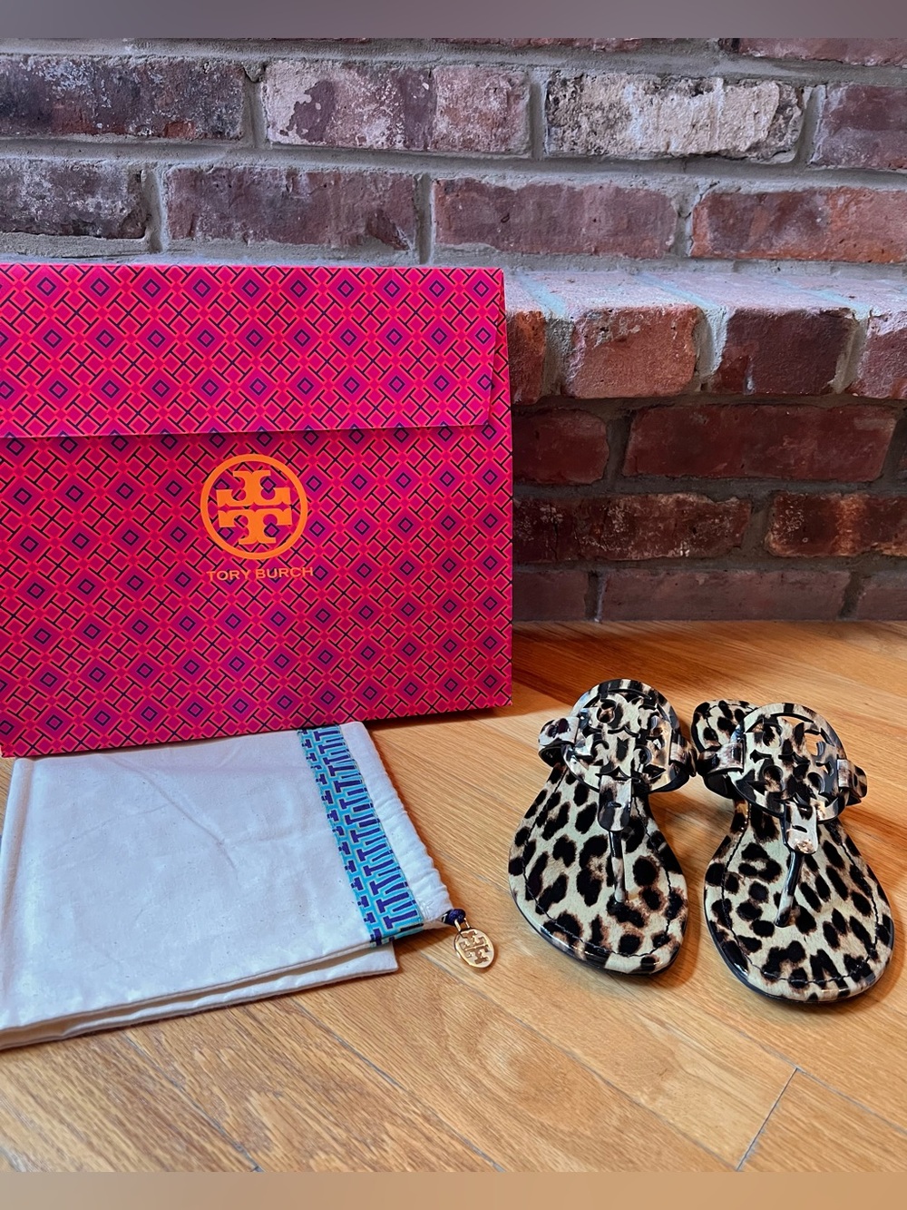 Tory Burch Tan & Black Natural Leopard Patent Leather Miller Sandals